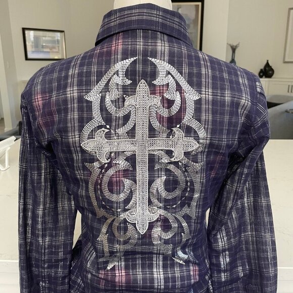 Ariat Fitted Snap Down Metallic Plaid Western Shirt Cowgirl Deep Purple XS NWOT - Picture 6 of 14